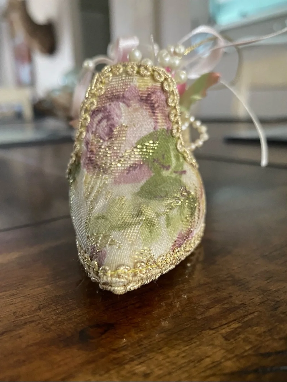 Vintage Victorian Style Decorative Shoe Ornament Pink Rose Floral Gold Trim